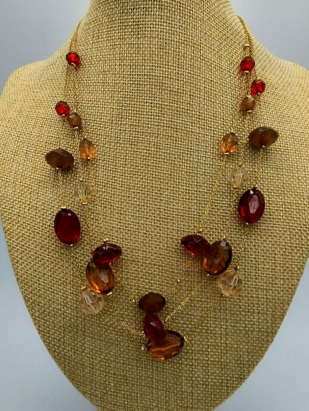 Vintage Avon SP Layered Gold‑Tone Faceted Warm Jewel Tone Resin Bead Necklace